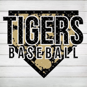 May include: A black and gold baseball-shaped graphic with the text "TIGERS BASEBALL" in a distressed font.