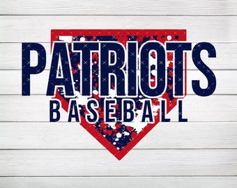 May include: A red and blue baseball diamond with the word "Patriots" in navy blue letters and the word "Baseball" in navy blue letters below.