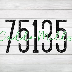 May include: Black and white house number sign with the number 75135 and the text "Caddo Mills" in green cursive writing.