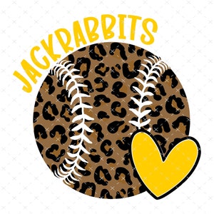 May include: A brown and black baseball with a leopard print design and white stitching. The word "JACKRABBITS" is written in yellow above the baseball. A yellow heart is to the right of the baseball.