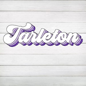 May include: A retro-style name graphic with the word "Tarleton" in white letters with a purple outline. The letters are layered and have a 3D effect.
