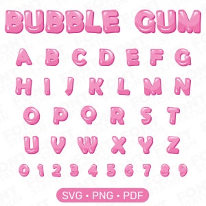 Letras de chicle - Chicle SVG, PNG - Letras juguetonas de burbujas, Alfabeto para niños para artesanos, Texto de sublimación, Archivos de corte de imágenes prediseñadas