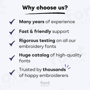 May include: A white graphic with the text "Why choose us?" and a list of benefits: experience, support, testing, catalog, and trust. The logo for "font station" is at the bottom.