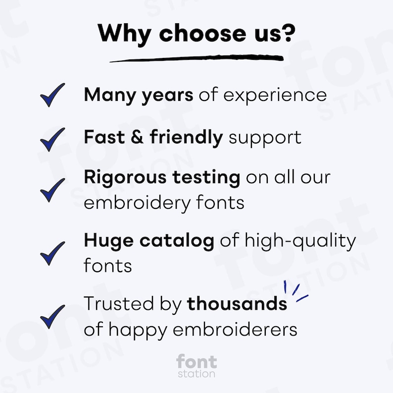 May include: A white graphic with the text "Why choose us?" and a list of benefits: experience, support, testing, catalog, and trust. The logo for "font station" is at the bottom.