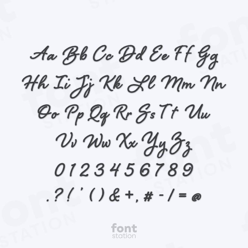 May include: A black, cursive font alphabet, numbers, and symbols are displayed on a white background. The font includes uppercase and lowercase letters, numbers 0-9, and punctuation marks. The text "font station" is at the bottom.
