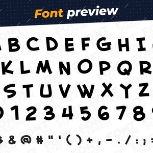 May include: A black and white font preview showing the alphabet in uppercase, numbers 0-9, and symbols including dollar sign, ampersand, at symbol, number sign, quotation marks, parentheses, plus sign, minus sign, comma, period, forward slash, colon, semicolon, and equals sign.