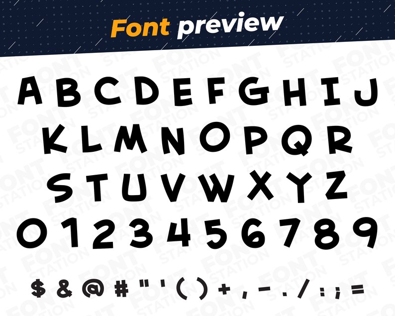 May include: A black and white font preview showing the alphabet in uppercase, numbers 0-9, and symbols including dollar sign, ampersand, at symbol, number sign, quotation marks, parentheses, plus sign, minus sign, comma, period, forward slash, colon, semicolon, and equals sign.