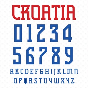 May include: A white background with a red, white, and blue striped border. The word "CROATIA" is in red, followed by the numbers 0-9 in blue. The alphabet is in blue below the numbers.