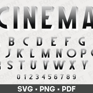 Cinema Letters SVG, PNG, PDF - Texto de sublimación de cine, alfabeto blanco negro, letras y números, tipografía, fuente Cricut - Archivos digitales