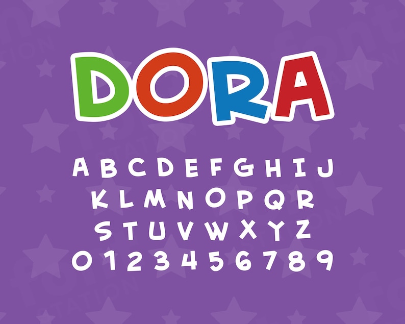 Image showing all characters available in the Dora the Explorer font created by FontStation.