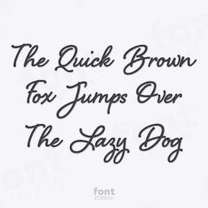 May include: Dark gray cursive text on a white background reads "The Quick Brown Fox Jumps Over The Lazy Dog." The words are in a flowing, elegant font. The logo "font station" is at the bottom.
