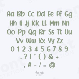 May include: A complete alphabet and number set in a soft green color. The letters and numbers are displayed in a clear, easy-to-read font. Includes punctuation marks and symbols. The text "font station" is at the bottom.