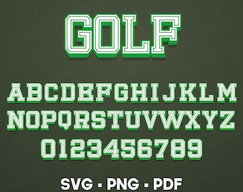 Letras de golf SVG, PNG - Texto de sublimación de golf, alfabeto universitario, letras y números del club deportivo verde, tipografía, fuente Cricut - Archivos digitales