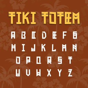 May include: Tiki Totem font alphabet with a tropical background of palm trees and hibiscus flowers. The letters are white with a yellow outline and a wood grain texture.