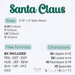 Image showing the different files formats, sizes, stitch type and available characters of the Santa Claus Embroidery Font by FontStation