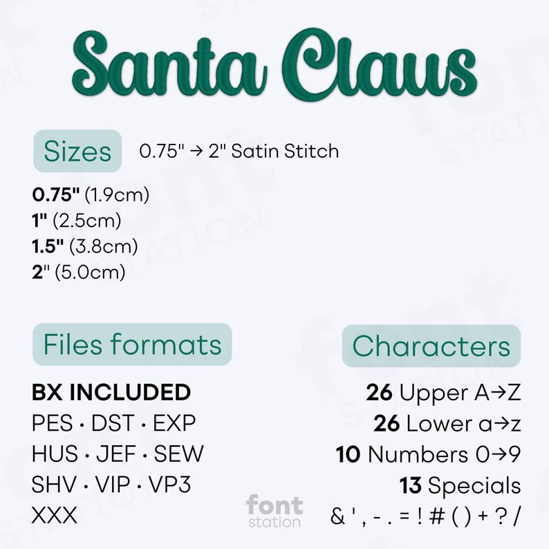 Image showing the different files formats, sizes, stitch type and available characters of the Santa Claus Embroidery Font by FontStation