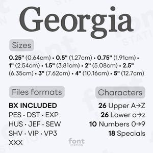 Image showing the different files formats, sizes, stitch type and available characters of the Georgia Embroidery Font by FontStation