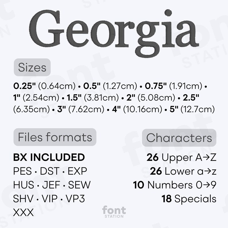 Image showing the different files formats, sizes, stitch type and available characters of the Georgia Embroidery Font by FontStation