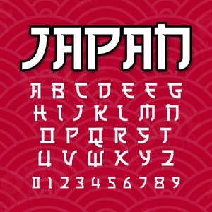 Può includere: Un font alfabeto bianco con uno stile audace e a blocchi. Le lettere sono su uno sfondo rosso con un motivo ripetitivo di semicerchi bianchi. La parola "JAPAN" è visualizzata in grandi lettere nella parte superiore dell'immagine.