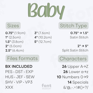 Image showing formats and sizes of the Baby embroidery font created by FontStation