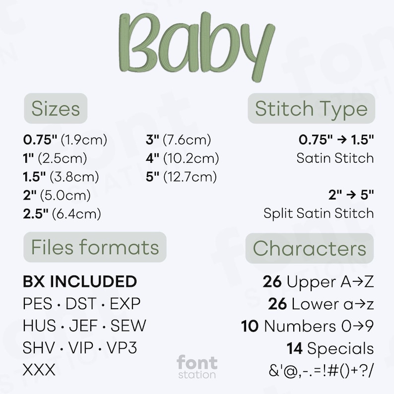 Image showing formats and sizes of the Baby embroidery font created by FontStation