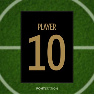 以下が含まれることがあります： 白と緑のサッカー場の背景に、黒と金の選手番号10。番号の上に「PLAYER」、番号の下に「FONTSTATION」という文字が書かれている。