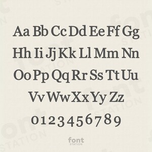 May include: A font alphabet chart showing uppercase and lowercase letters, as well as numbers 0 through 9. The font is a classic serif style.