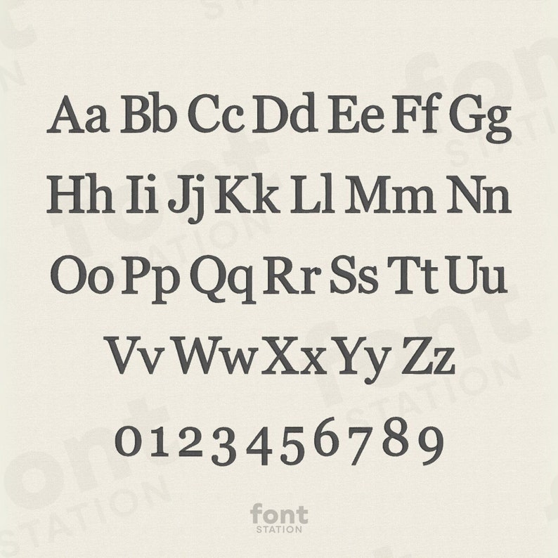 May include: A font alphabet chart showing uppercase and lowercase letters, as well as numbers 0 through 9. The font is a classic serif style.