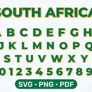 Lettere del Sud Africa SVG, PNG - Alfabeto del Sud Africa, Lettere e numeri di Rugby degli Springboks, Testo di sublimazione della bandiera, File tagliati - File digitali