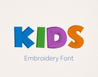 May include: KIDS in colorful embroidered letters on a white background. The letters are blue, green, purple, and orange. The text "Embroidery Font" is below the letters.