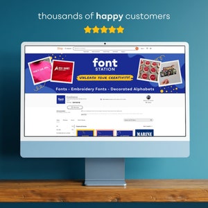 May include: A screenshot of an Etsy shop called Font Station, which sells embroidery fonts and decorated alphabets. The shop's banner features a variety of images, including a red shirt with the text "RED SHIRT" and a cupcake with the text "30". The shop's tagline is "UNLEASH YOUR CREATIVITY!"