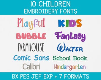 Paquete de fuentes de bordado para niños - Letras del alfabeto para bordar a máquina - Bordado para niño, niña y bebé - BX, PES, JEF + 8 formatos