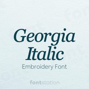 May include: Text-based graphic with the words "Georgia Italic Embroidery Font" in a dark teal color. The text is centered on a light blue background. The font is a cursive style. The word "fontstation" is at the bottom.