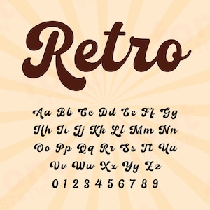 May include: Retro font alphabet with uppercase letters, lowercase letters, and numbers in a brown color on a light orange background with a sunburst pattern.