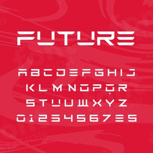 May include: White futuristic font alphabet with the word "FUTURE" in large letters at the top. The letters are bold and blocky with rounded corners. The alphabet includes uppercase letters, lowercase letters, and numbers.