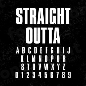 Puede incluir: Un diseño gráfico en blanco y negro con el texto "STRAIGHT OUTTA" en una fuente en negrita y de bloques. La imagen también incluye el alfabeto y los números en el mismo estilo de fuente.