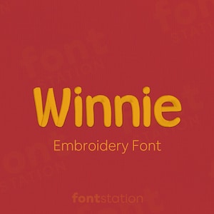 May include: The word "Winnie" in a yellow, 3D-style font, with the words "Embroidery Font" below it, set against a textured red background. The font name is repeated at the bottom of the image.