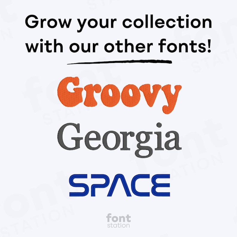K&ouml;nnte beinhalten: Das Bild zeigt den Text "Grow your collection with our other fonts!" &uuml;ber den W&ouml;rtern "Groovy", "Georgia" und "SPACE" in verschiedenen Schriftarten. "Groovy" ist orange, "Georgia" ist grau und "SPACE" ist blau.