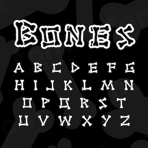 May include: A white alphabet font with a bone design. The letters are outlined in white and have a bone-like texture. The word "BONES" is displayed at the top of the image.