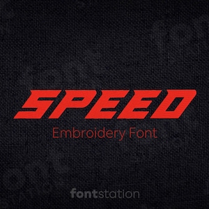 May include: Red "SPEED" embroidery font on a black fabric background.