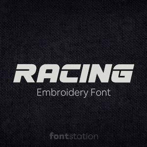 May include: White "RACING" text in a bold, stylized font on a black fabric background. The text is below the words "Embroidery Font".