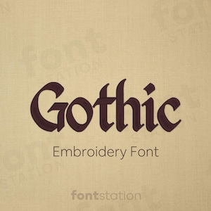 Könnte beinhalten: Stickerei-Design in gotischer Schriftart. Das Wort "Gothic" ist in einer dunkelbraunen, stilisierten Schrift geschrieben.
