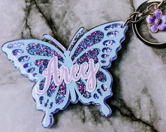 Personalized Keychain | 3 inch Acrylic Butterfly | SEALED Keychain | Vinyl Glitter Resin | Custom Unique Bag Charm