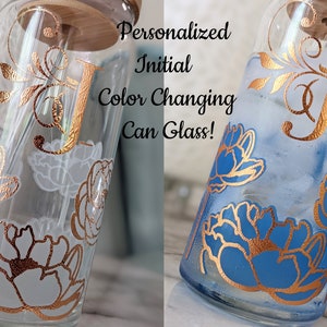 Personalized Initial Can Glass | Floral Initial Cup | Monogram Can Glass Cup | Iced Coffee Glass | Trendy Cup | Lid & Straw | Color Changing