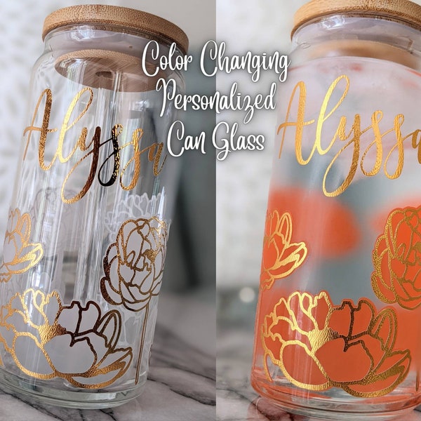 Personalized Peonies Can Glass | Soda Can Glass Cup | Iced Coffee Glass | Lid & Straw | Trendy Cup | Floral Glass Can Cup | Color Changing