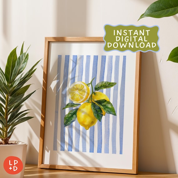 Blue Lemon Wall Art – Coastal Kitchen Watercolor Printable | Blue Striped Lemons