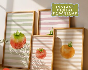 Tomato Wall Art Set – 4 Piece Watercolor Kitchen Prints | Tomato Artwork