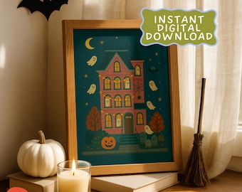 Spooky Pink Haunted House Art Print – Halloween Printable (Digital Download)