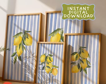 Lemon Wall Art Set – 4 Piece Blue Striped Kitchen Prints | Lemon Artwork