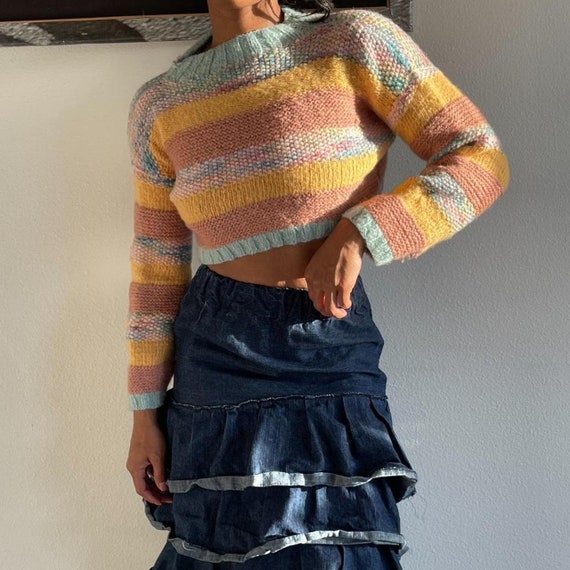 Multicolored Hand Knitted Cropped Pullover Sweater - image 3